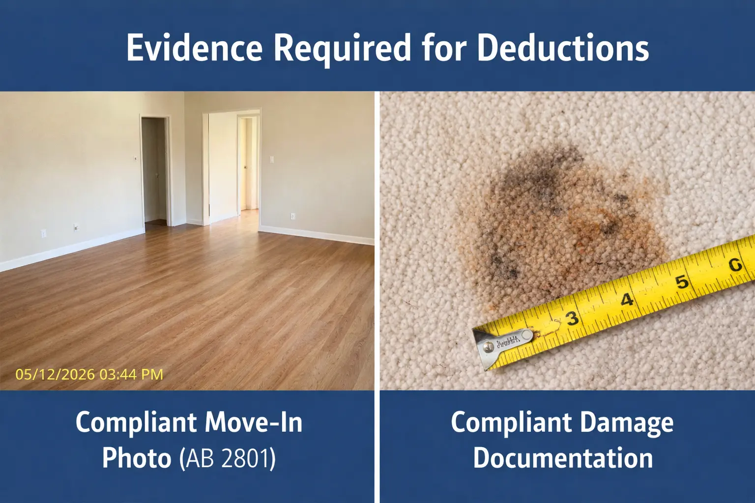 Visual example of AB 2801 compliant photographic evidence for Chula Vista landlords to support security deposit deductions.