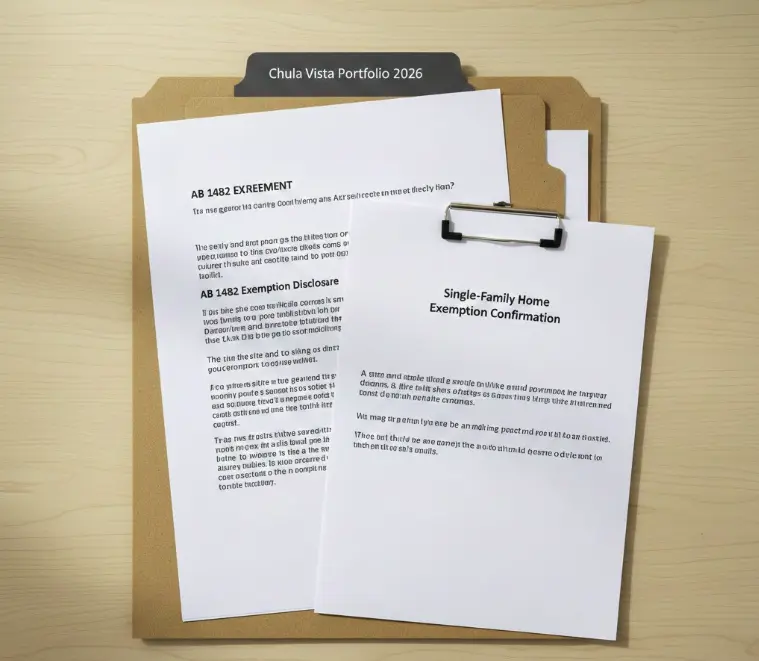 Lease agreement showing AB 1482 exemption disclosure and documented eligibility paperwork.