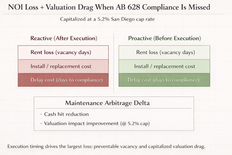 Chart comparing reactive vs proactive AB 628 compliance showing NOI loss and valuation impact at a 5.2% San Diego cap rate.