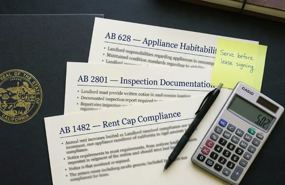 California rental law compliance 2025 — AB 1482 rent cap AB 2801 security deposit photos AB 628 appliance habitability requirements San Diego multifamily landlord