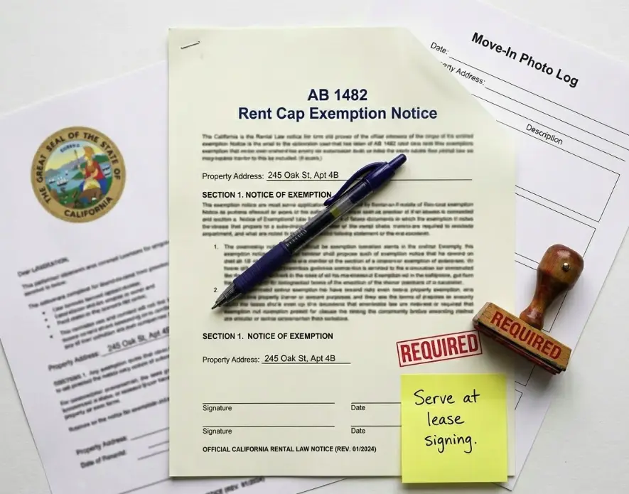 California AB 1482 exemption notice requirement for San Marcos landlords — rental compliance document checklist 2026