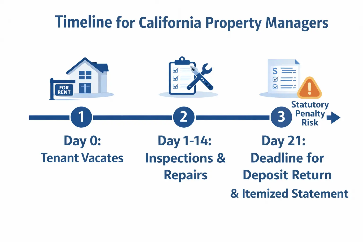 Procedural timeline for California Civil Code 1950.5 compliance, showing the 21-day deadline for security deposit accounting in Chula Vista.