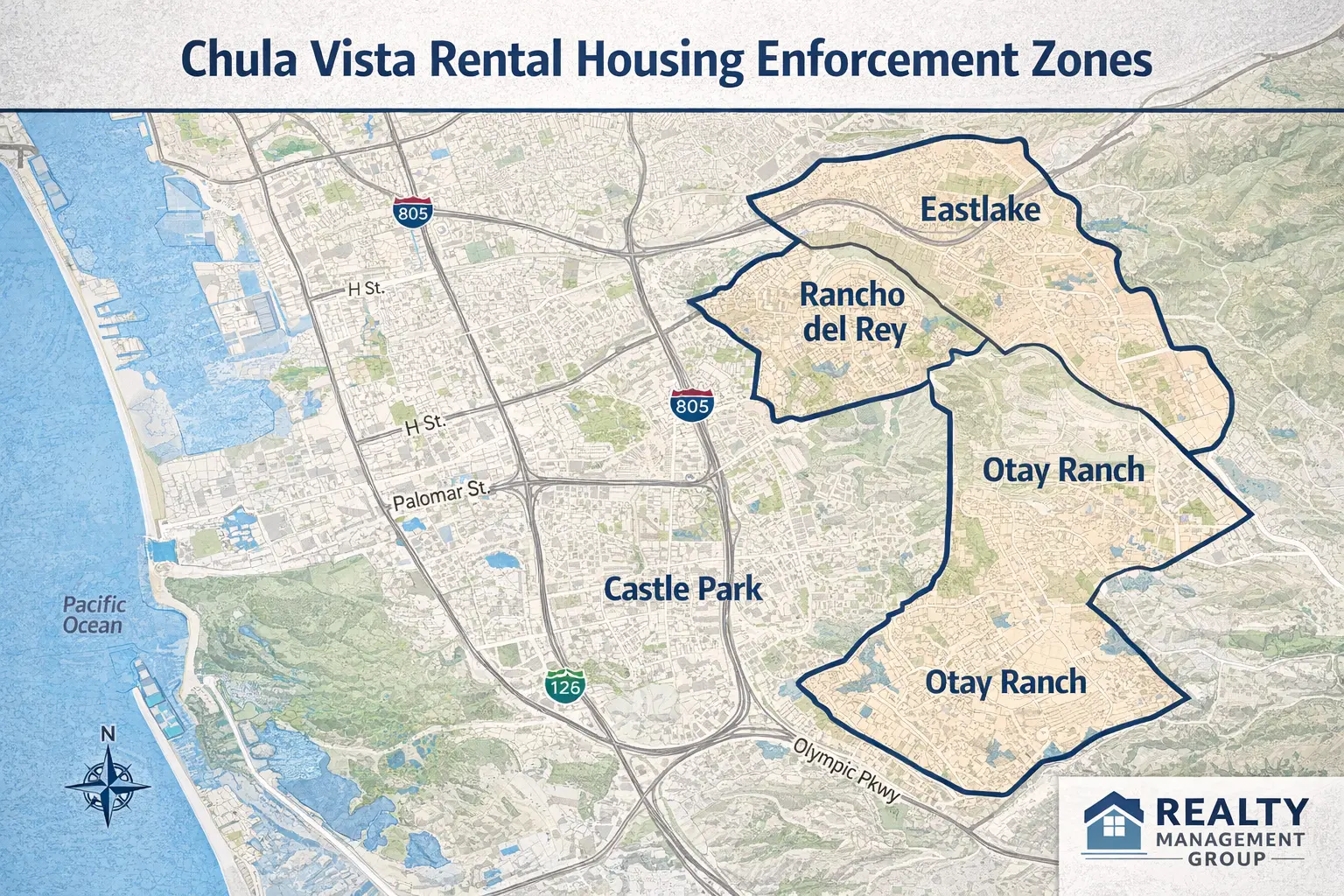 Regional map of Chula Vista neighborhoods including Eastlake and Otay Ranch for localized property management compliance tracking.