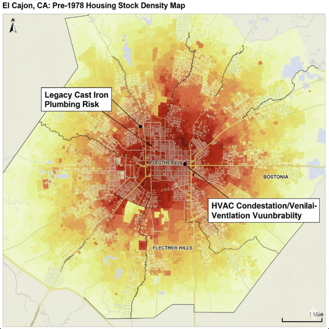 Thematic risk map of El Cajon, California, identifying older residential housing stock. Highlights areas prone to legacy plumbing failures and HVAC condensation issues in single-family rentals, supporting localized property management risk assessment.
