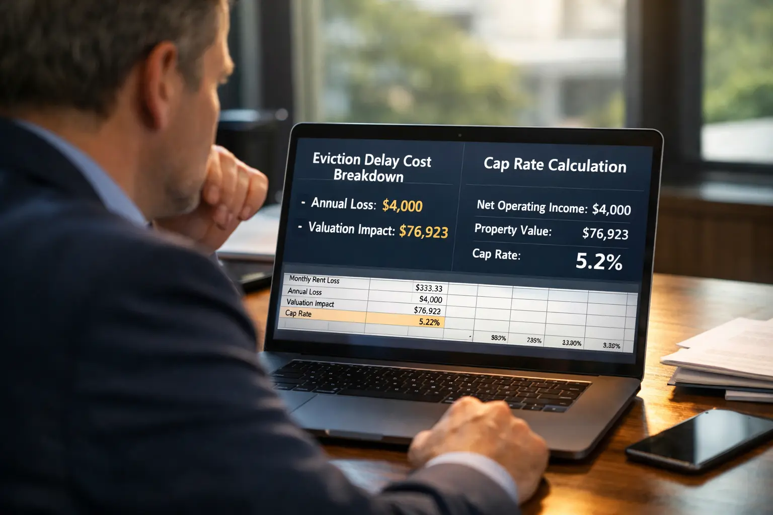 Spreadsheet showing eviction delay cost and cap rate valuation impact calculation