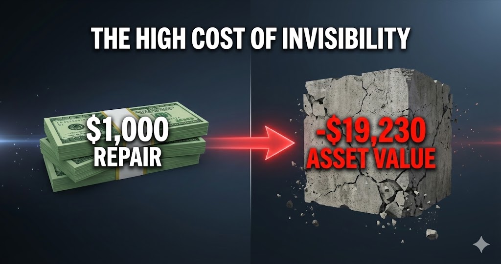 Split-screen financial illustration showing the leverage of hidden costs. Left side shows a $1,000 repair cost; right side shows a crumbling building representing a $19,230 loss in asset value. A red arrow connects the expense to the equity erosion.