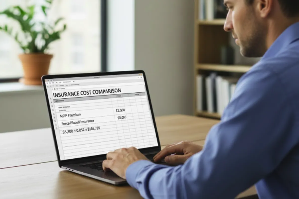 Spreadsheet comparing NFIP premium to force-placed insurance impact on asset value