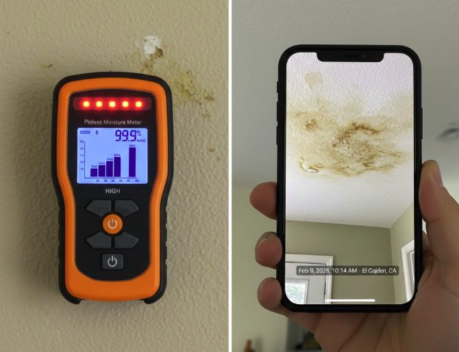 iagnostic evidence comparison for rental property audits. Left: Pinless moisture meter indicating high moisture levels. Right: Time-stamped and GPS-tagged smartphone photo of a ceiling leak in San Diego County, establishing objective evidence for legal defense.