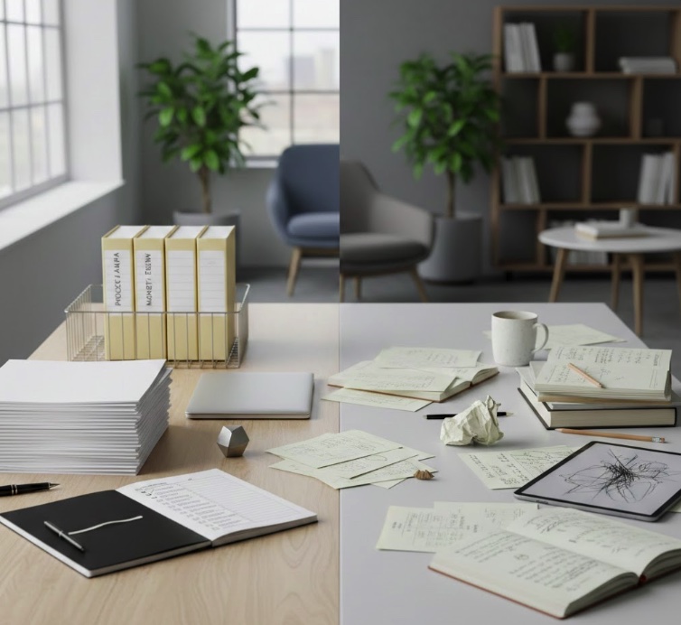 Organized and disorganized documentation representing objective versus subjective tenant screening decisions