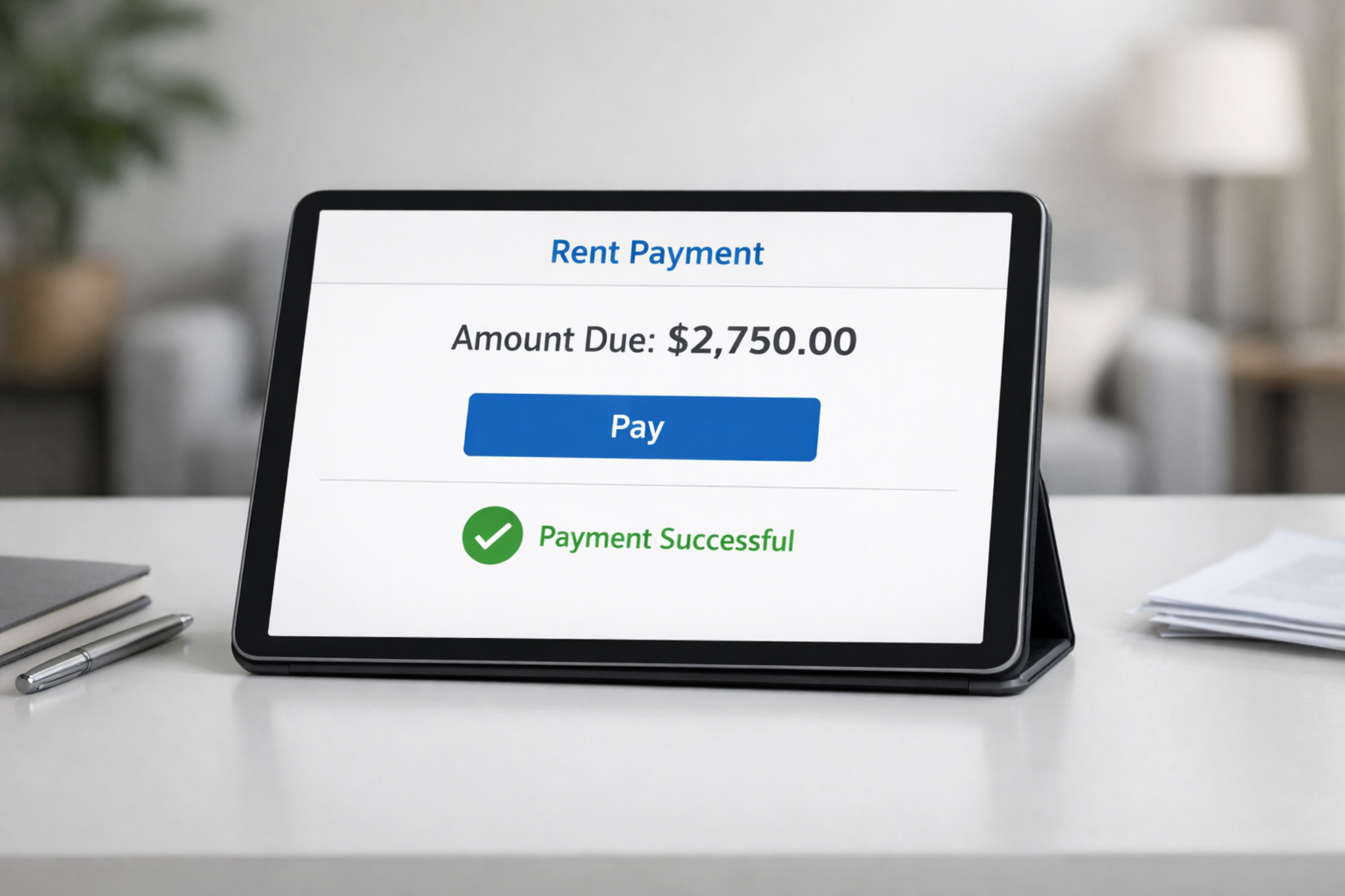 Rent payment confirmation showing $2,750 successfully processed during a property management transition.