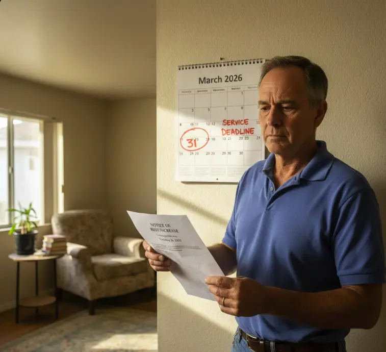 Rent increase notice next to calendar showing statutory service deadline for compliance.