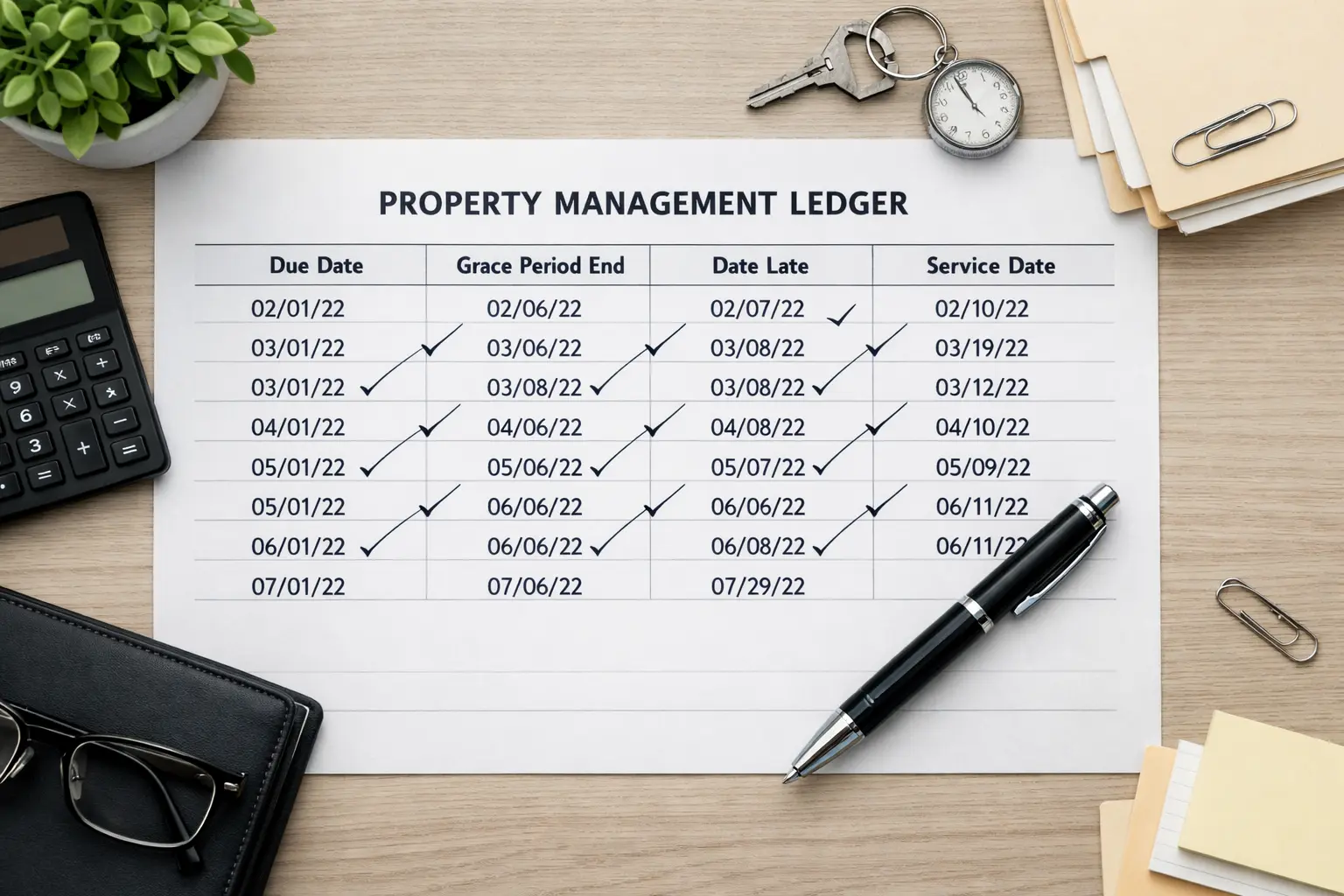 Property management ledger showing rent delinquency date versus notice service date