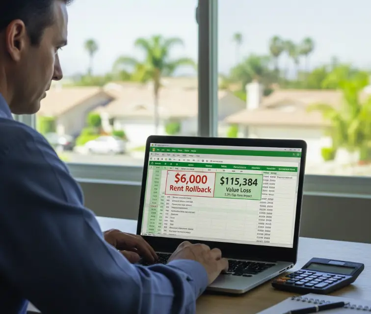 Investor reviewing spreadsheet calculating rent rollback and 5.2 percent cap rate valuation impact.