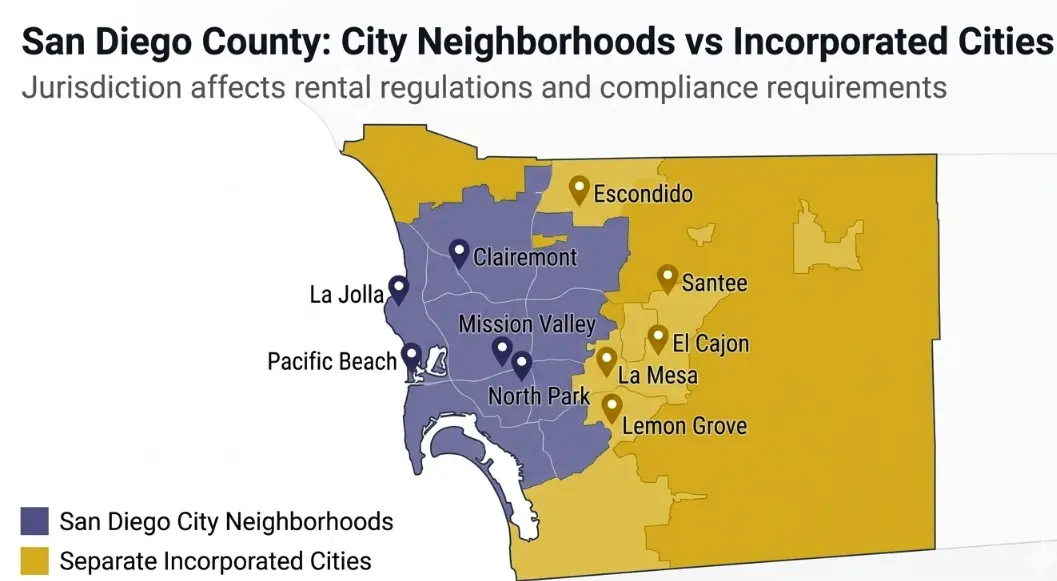 San Diego County map showing city neighborhoods vs separate incorporated cities for rental property management jurisdiction 2026