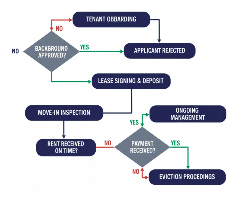 A logic flow diagram for San Diego landlords showing the step-by-step decision process for determining ordinance coverage based on tenancy duration and unit type.