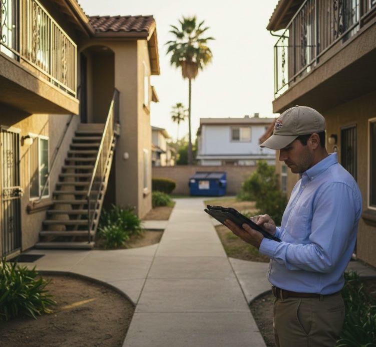 Property manager reviewing tenant screening checklist at a multi-unit rental property in National City