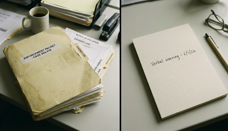 Comparison showing documented written lease enforcement versus undocumented verbal warnings.