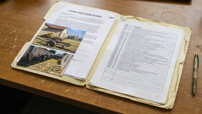 Written lease violation notice with date alongside a digital evidence log used for enforcement documentation.